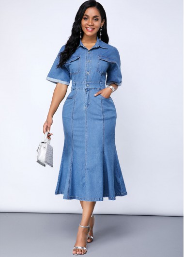 Denim Blue dresses,Plain Color dresses,ROTITA Button Up Cutout Back Pocket Denim Dress