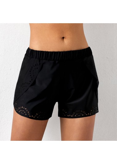 Black swimwear,Plain Color swimwear,ROTITA Pierced Mid Waist Black Swimwear Shorts