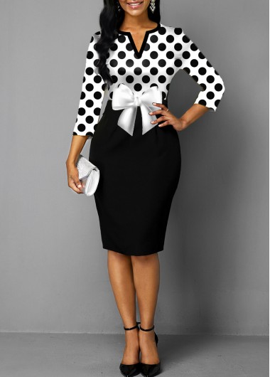 Black dresses,Dot dresses,ROTITA Polka Dot Split Neck Bowknot Dress