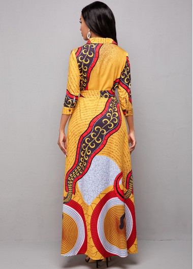 Yellow dresses,Floral dresses,ROTITA Tribal Print Turndown Collar Belted Dress