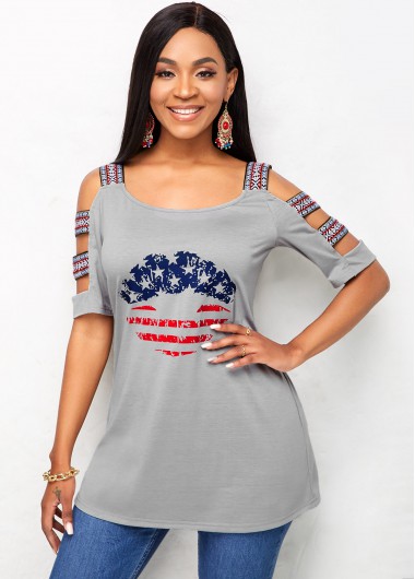 Grey tops,Flag tops,ROTITA Ladder Cutout Sleeve American Flag Print T Shirt
