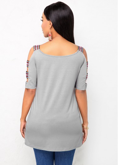 Grey tops,Flag tops,ROTITA Ladder Cutout Sleeve American Flag Print T Shirt