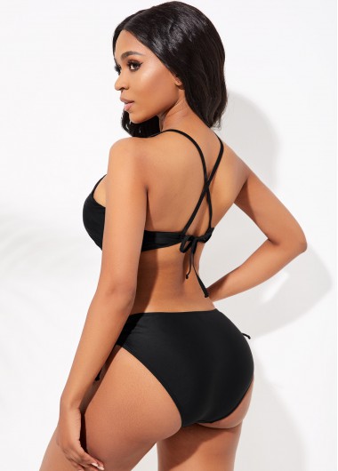 Black swimwear,Plain Color swimwear,ROTITA Keyhole Neckline Cross Strap Drawstring Bikini Set
