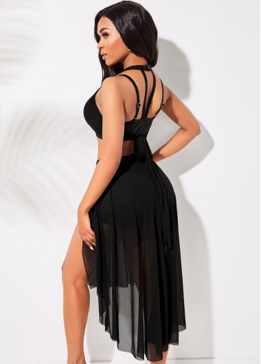 Black swimwear,Plain Color swimwear,ROTITA Tie Back Mesh Stitching Bikini Set 