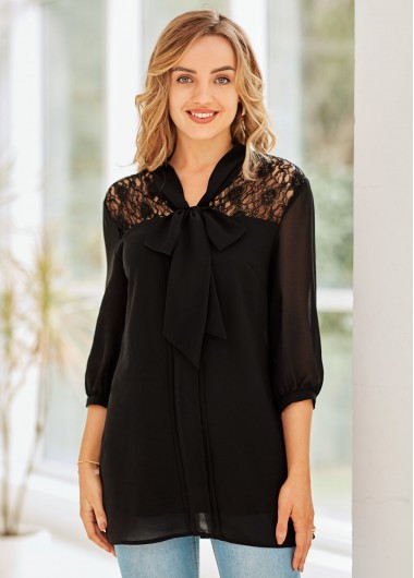 Black tops,Plain Color tops,ROTITA Lace Stitching 3/4 Sleeve Tie Neck Blouse