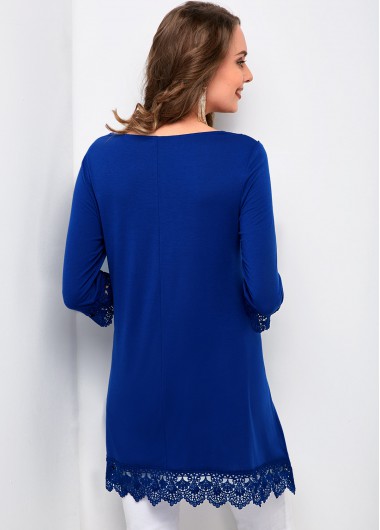Blue tops,Plain Color tops,ROTITA Asymmetric Hem V Neck Lace Stitching T Shirt