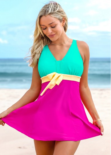 Hot Pink swimwear,Contrast Color swimwear,ROTITA Wide Strap Color Block Swimdress and Shorts