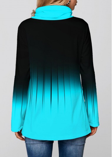 Cyan tops,Ombre tops,ROTITA Ombre Cyan Cowl Neck Long Sleeve Sweatshirt