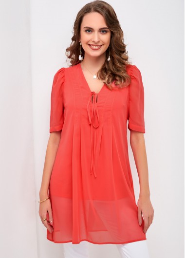 Red tops,Plain Color tops,ROTITA Crinkled Tie Front Half Sleeve Blouse