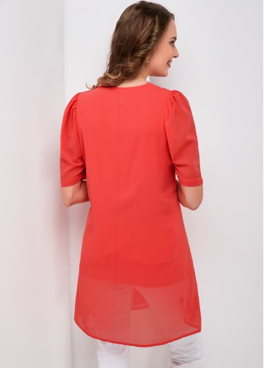 Red tops,Plain Color tops,ROTITA Crinkled Tie Front Half Sleeve Blouse