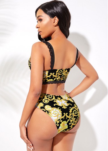 Black swimwear,Floral swimwear,Lace Trim Baroque Print Bikini Set