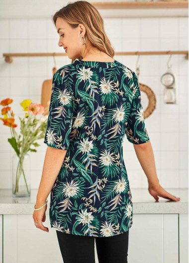 Green tops,Floral tops,ROTITA Split Neck Half Sleeve Floral Print Blouse