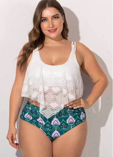White plus size,Ditsy Floral plus size,Plus Size Floral Print Lace Stitching Bikini Set
