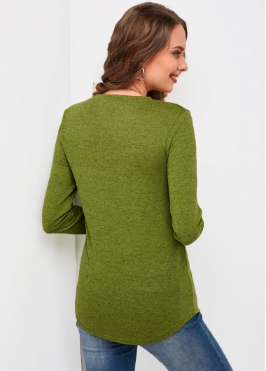 Green tops,Plain Color tops,Long Sleeve Chest Pocket Round Neck T Shirt
