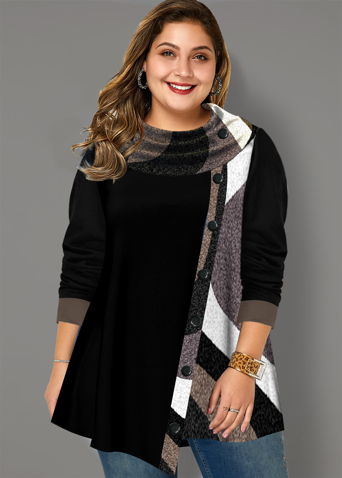 Black tops,Contrast Color tops,ROTITA Decorative Button Contrast Color Black Cowl Neck Sweatshirt