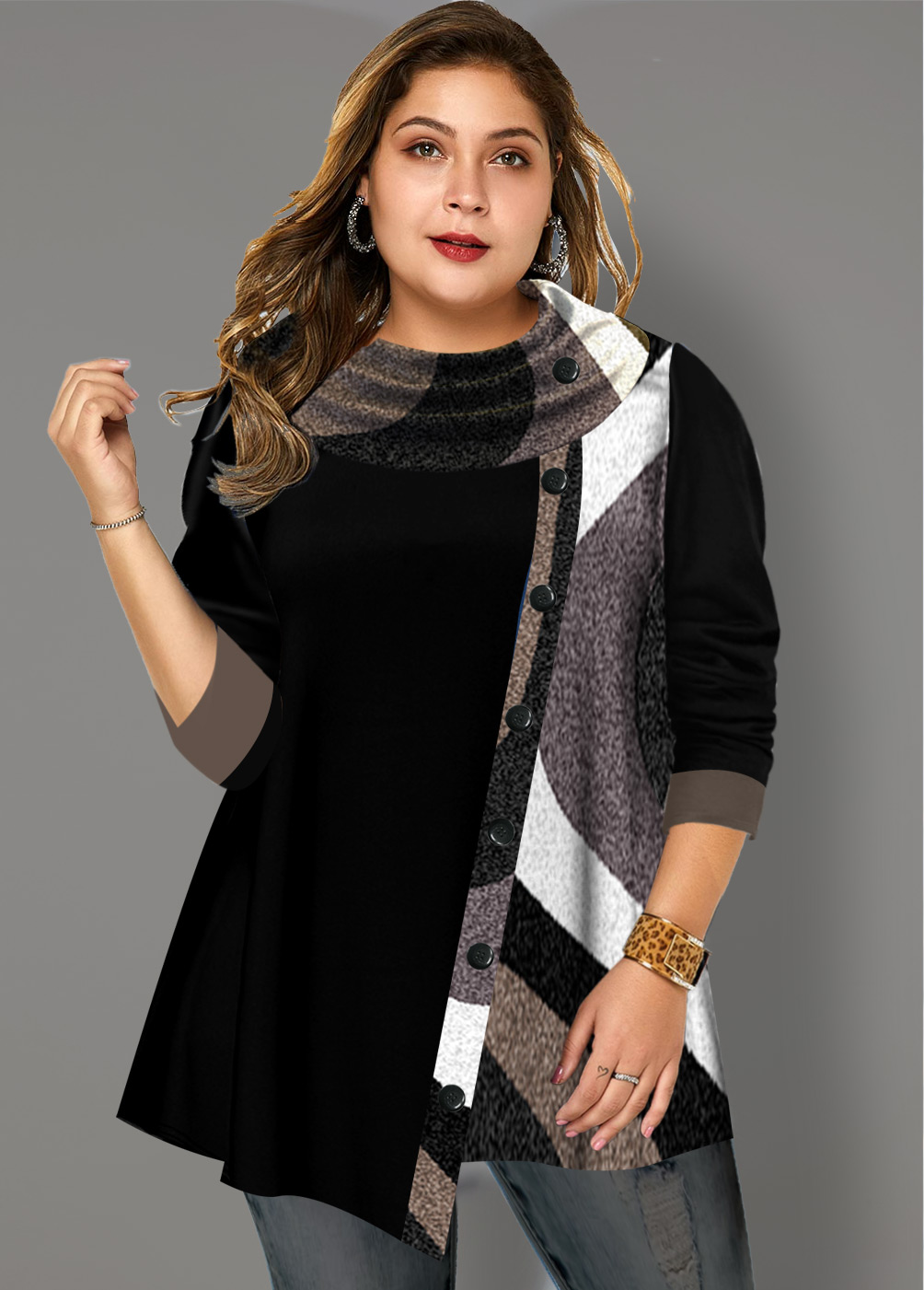 Black tops,Contrast Color tops,ROTITA Decorative Button Contrast Color Black Cowl Neck Sweatshirt