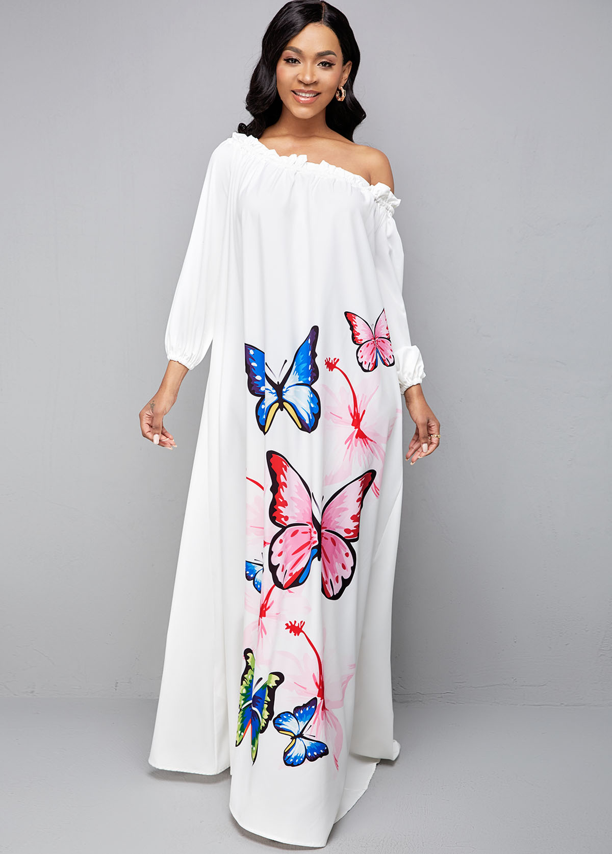 ROTITA Long Sleeve Butterfly Print Maxi Dress