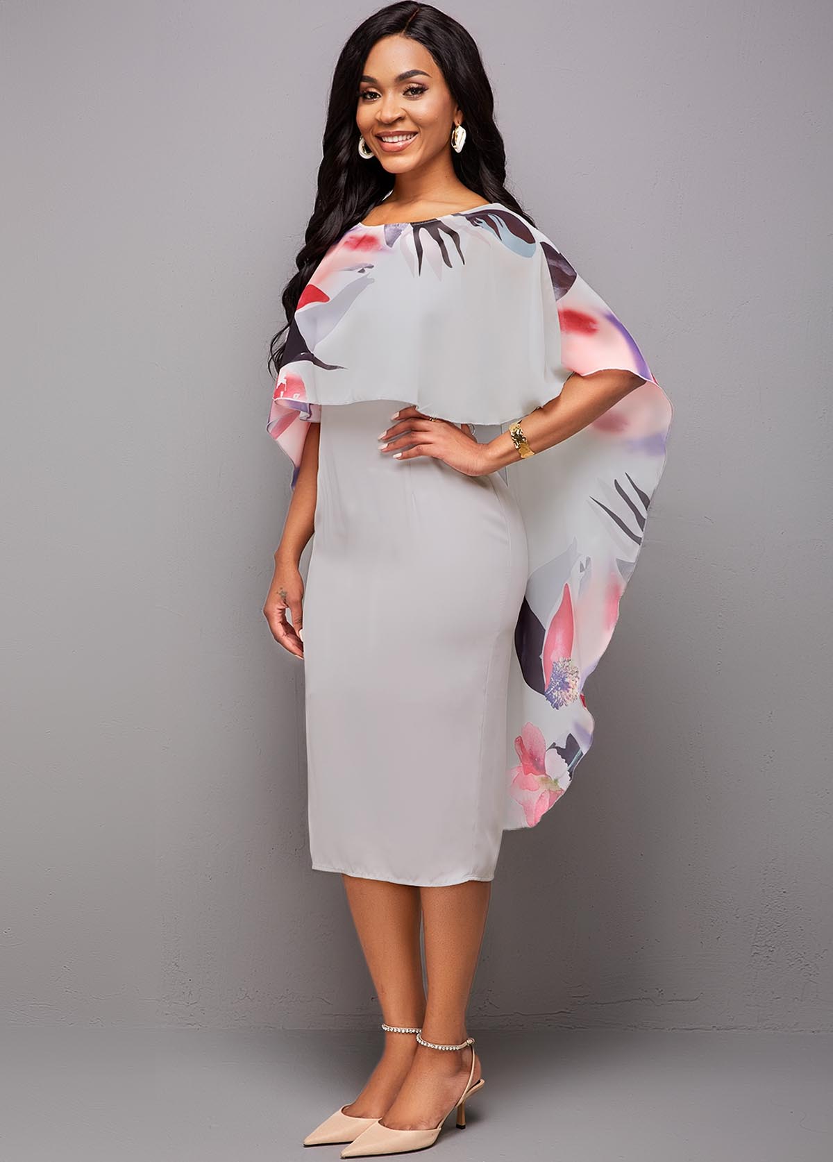 Grey dresses,Floral dresses,ROTITA 3/4 Sleeve Floral Print Bodycon Dress 