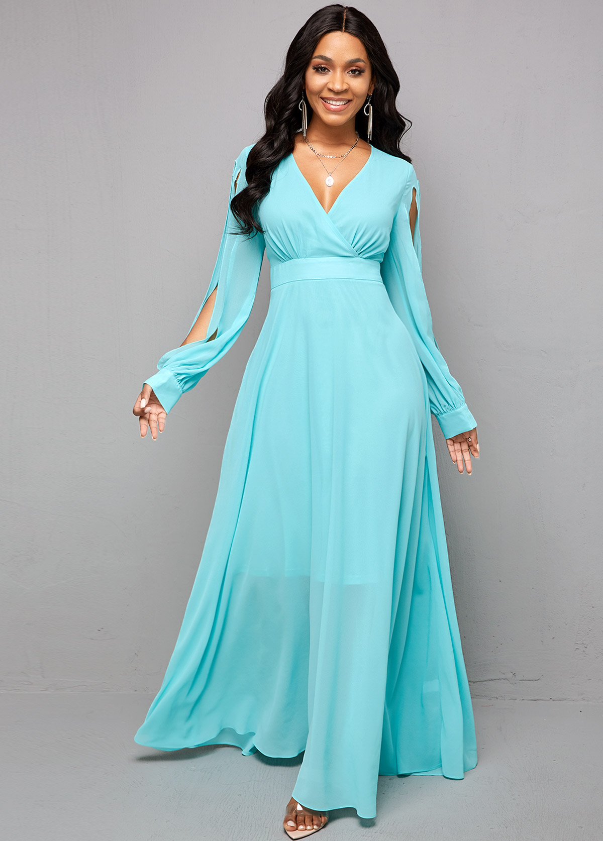 ROTITA V Neck Cutout Sleeve Maxi Dress ...