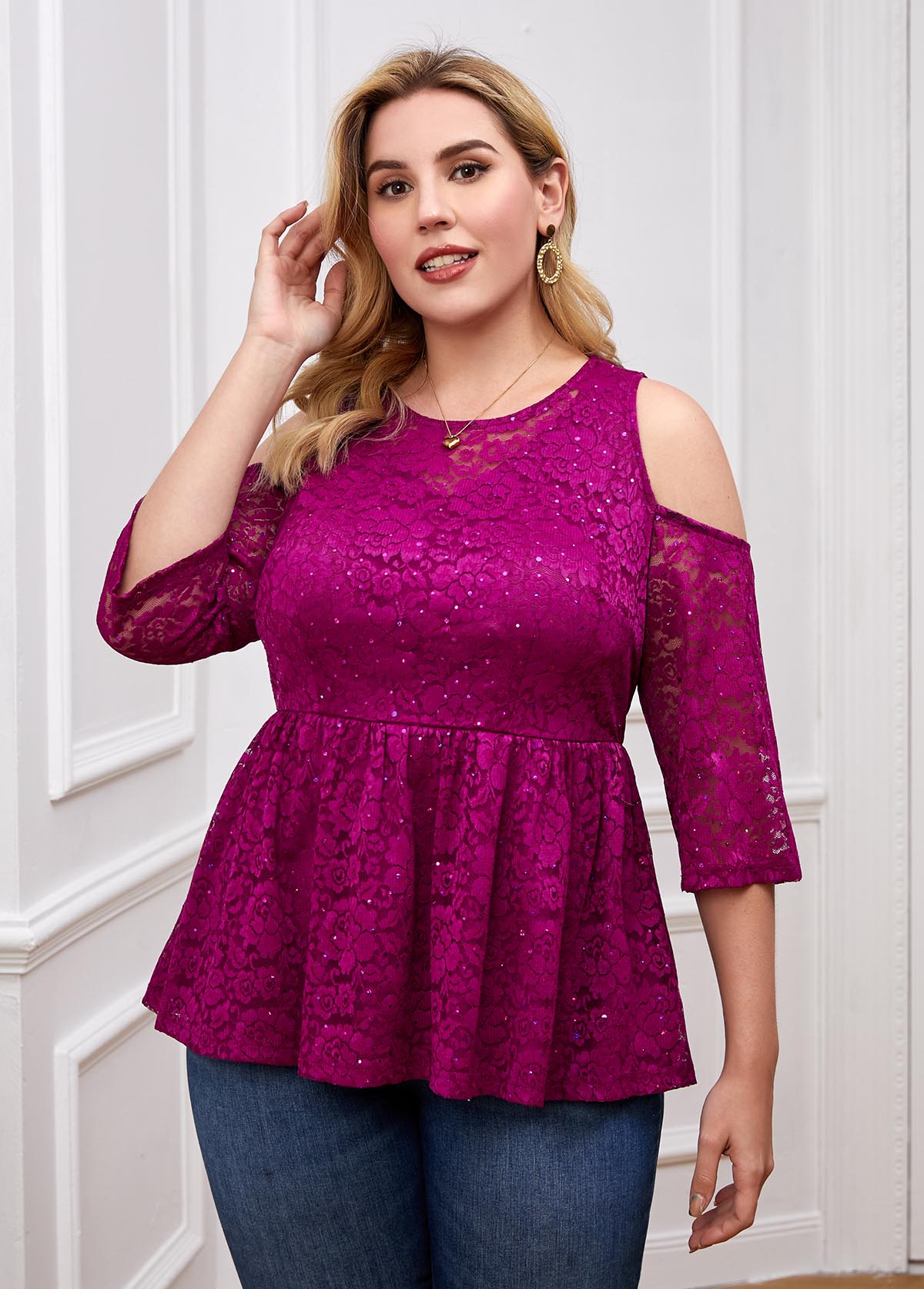 ROTITA Cold Shoulder Plus Size Lace Stitching T Shirt