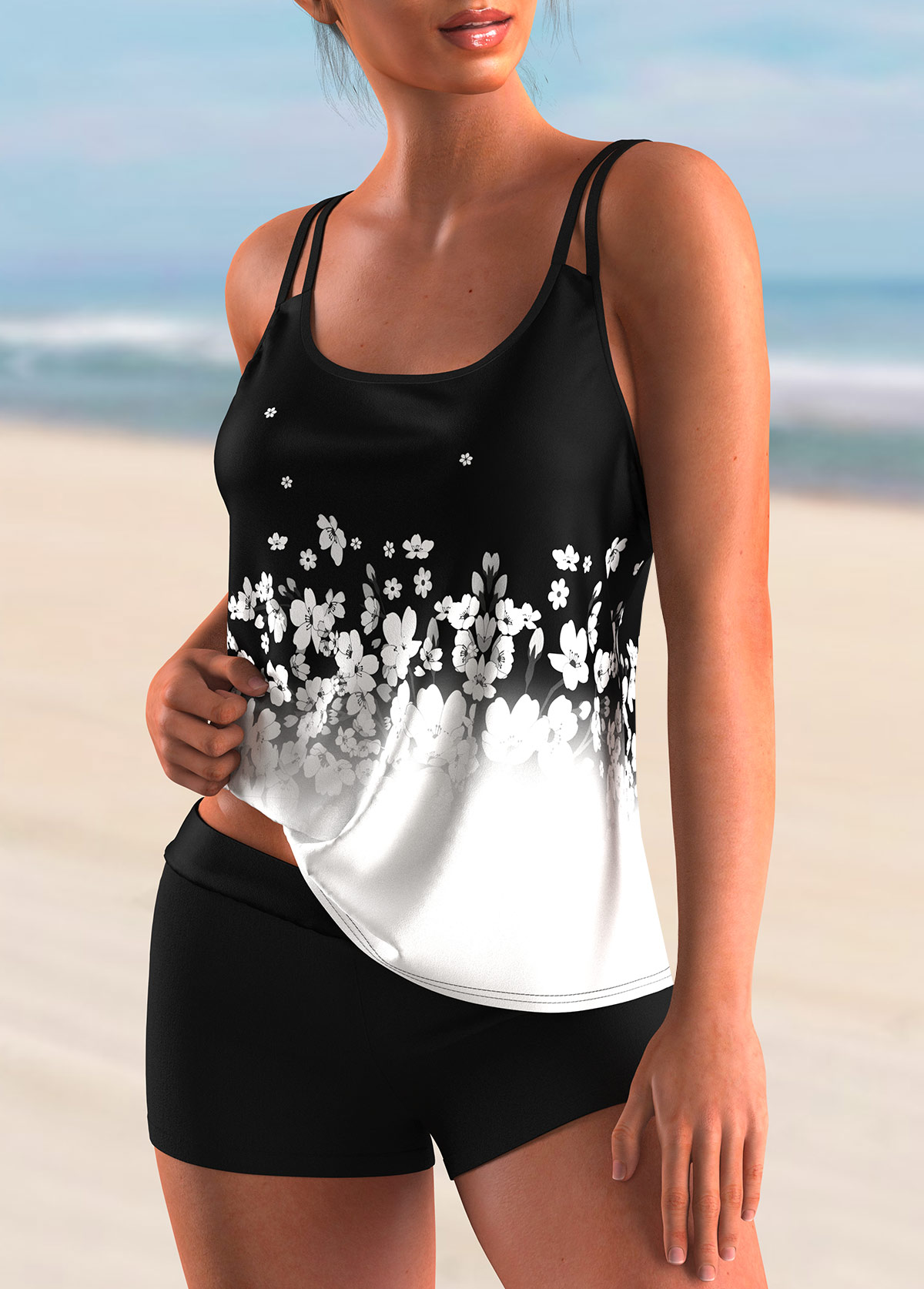 White plus size,Ditsy Floral plus size,ROTITA Plus Size Floral Print Spaghetti Strap Ombre Tankini Set