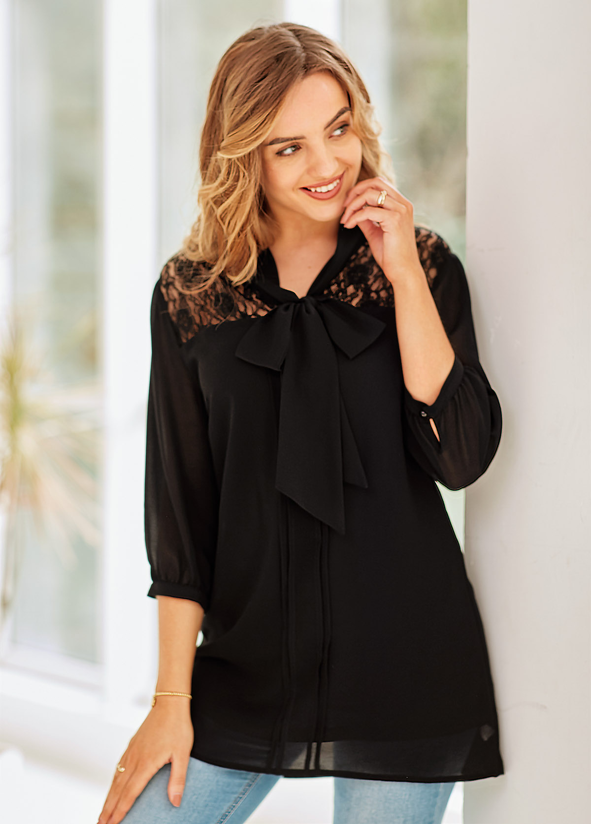 Black tops,Plain Color tops,ROTITA Lace Stitching 3/4 Sleeve Tie Neck Blouse