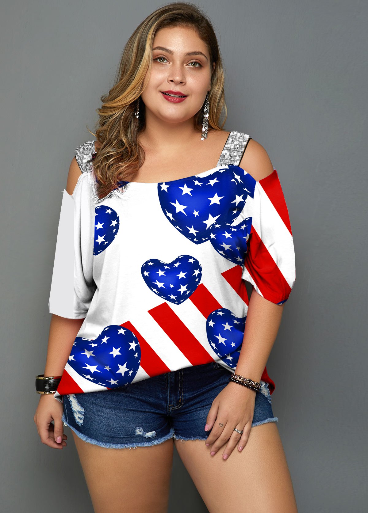 ROTITA Plus Size Cold Shoulder American Flag Print T Shirt