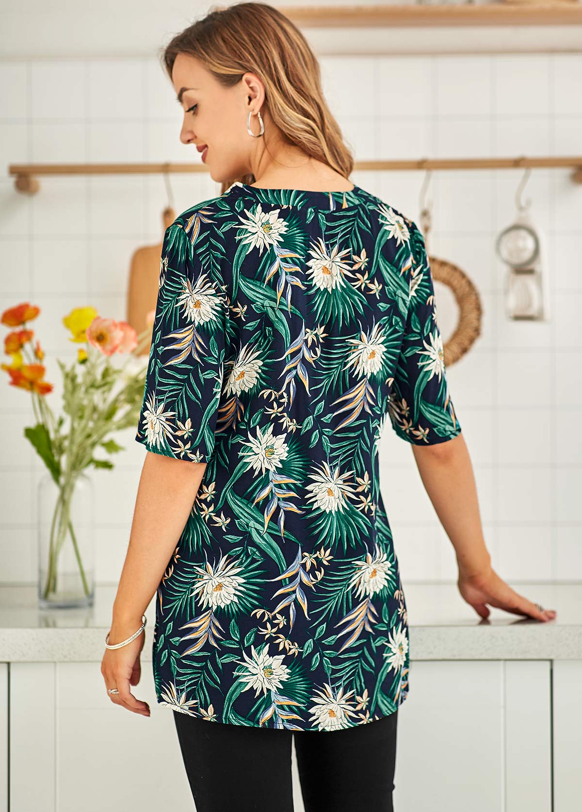 Green tops,Floral tops,ROTITA Split Neck Half Sleeve Floral Print Blouse