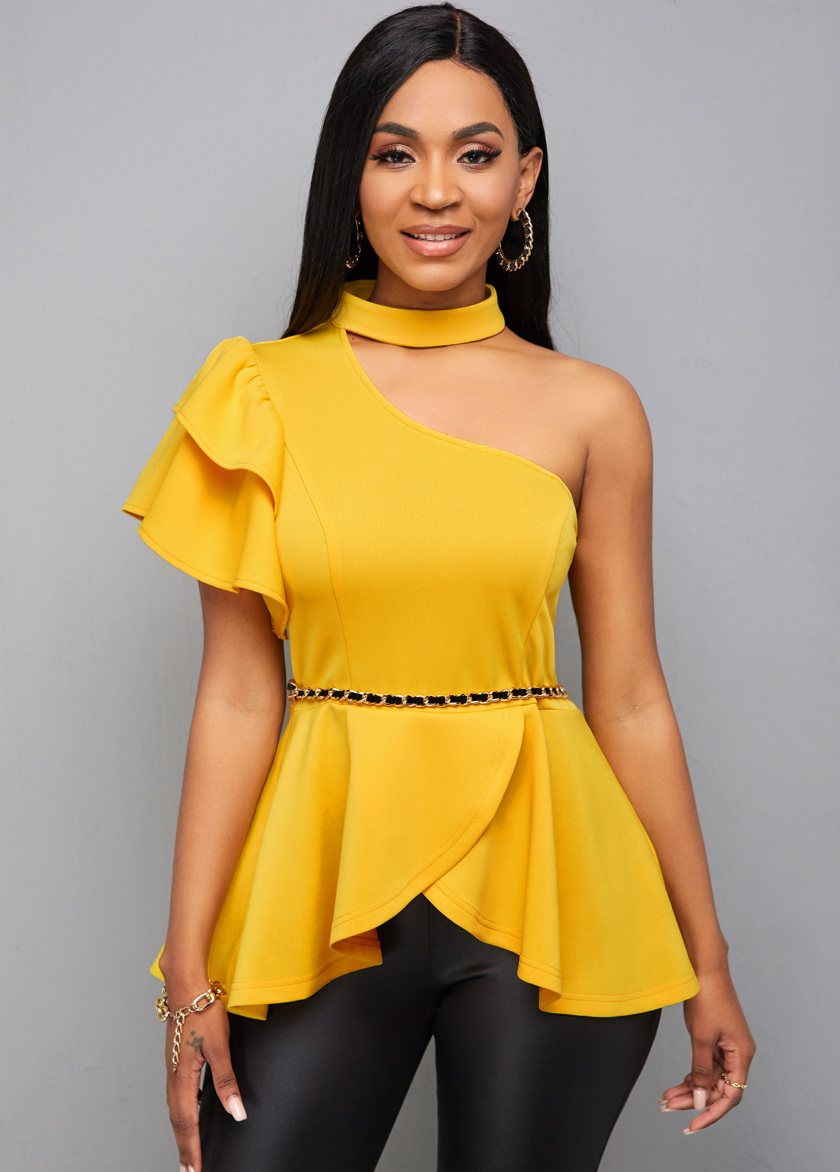 ROTITA Ruffle Hem One Sleeve Choker Neck Blouse