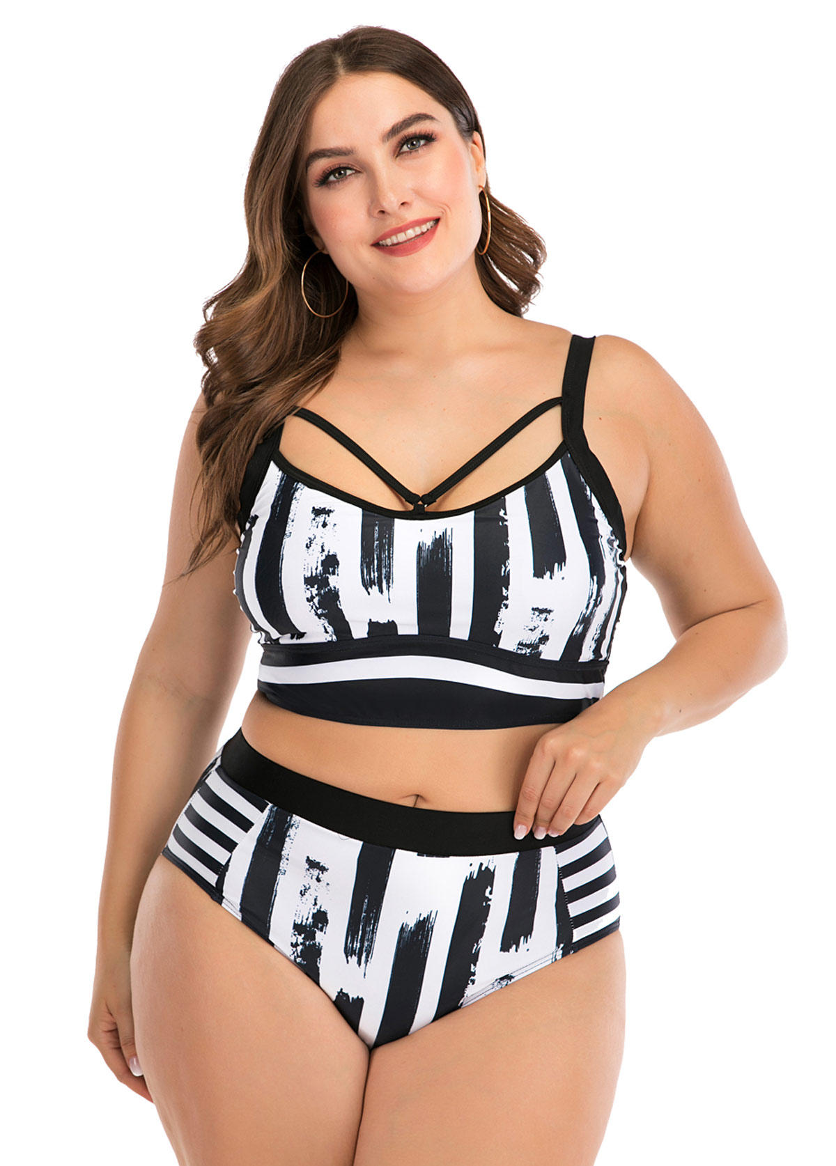 Black plus size,Floral plus size,Plus Size Spaghetti Strap Printed Bikini Set