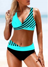 Cyan swimwear,Striped swimwear,ROTITA Lace Up Back Stripe Print Bikini Set
