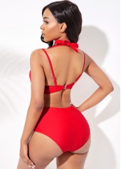 Red swimwear,Plain Color swimwear,ROTITA Multi Wear High Waisted Mesh Stitching Bikini Set