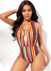 Multi Color swimwear,Striped swimwear,ROTITA Halter Rainbow Stripe One Piece Swimwear