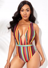Multi Color swimwear,Striped swimwear,ROTITA Halter Rainbow Stripe One Piece Swimwear