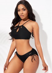 Black swimwear,Plain Color swimwear,ROTITA Keyhole Neckline Cross Strap Drawstring Bikini Set