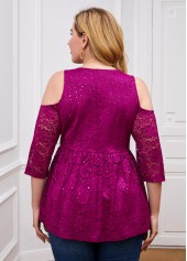 Dark Reddish Purple plus size,Plain Color plus size,ROTITA Cold Shoulder Plus Size Lace Stitching T Shirt