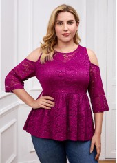 Dark Reddish Purple plus size,Plain Color plus size,ROTITA Cold Shoulder Plus Size Lace Stitching T Shirt