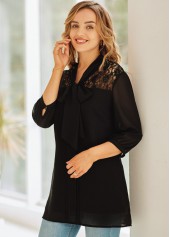 Black tops,Plain Color tops,ROTITA Lace Stitching 3/4 Sleeve Tie Neck Blouse
