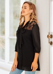 Black tops,Plain Color tops,ROTITA Lace Stitching 3/4 Sleeve Tie Neck Blouse