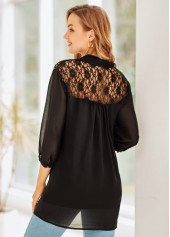 Black tops,Plain Color tops,ROTITA Lace Stitching 3/4 Sleeve Tie Neck Blouse