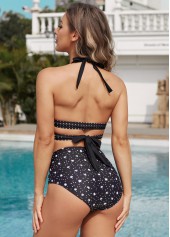 Black swimwear,Floral swimwear,ROTITA Printed Tie Back Halter High Waisted Bikini Set