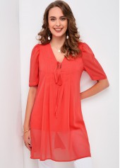 Red tops,Plain Color tops,ROTITA Crinkled Tie Front Half Sleeve Blouse