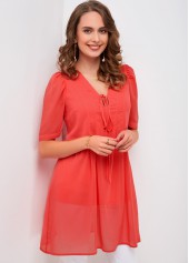 Red tops,Plain Color tops,ROTITA Crinkled Tie Front Half Sleeve Blouse