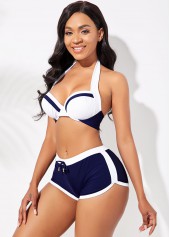 Contrast Color swimwear,Knot Detail Halter Contrast Bikini Set