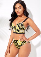 Black swimwear,Floral swimwear,Lace Trim Baroque Print Bikini Set