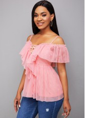 Pink tops,Plain Color tops,ROTITA Lace Up Strappy Cold Shoulder Blouse