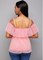 Pink tops,Plain Color tops,ROTITA Lace Up Strappy Cold Shoulder Blouse