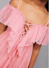 Pink tops,Plain Color tops,ROTITA Lace Up Strappy Cold Shoulder Blouse