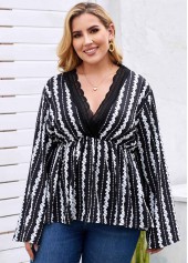 Black plus size,Floral plus size,Plus Size Printed Lace Trim Blouse