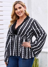 Black plus size,Floral plus size,Plus Size Printed Lace Trim Blouse